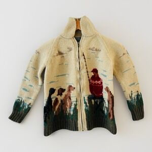 Ralph Lauren Hand Knit Cowichan Sweater Scenic Landscape Dog Petite XS Shrunk